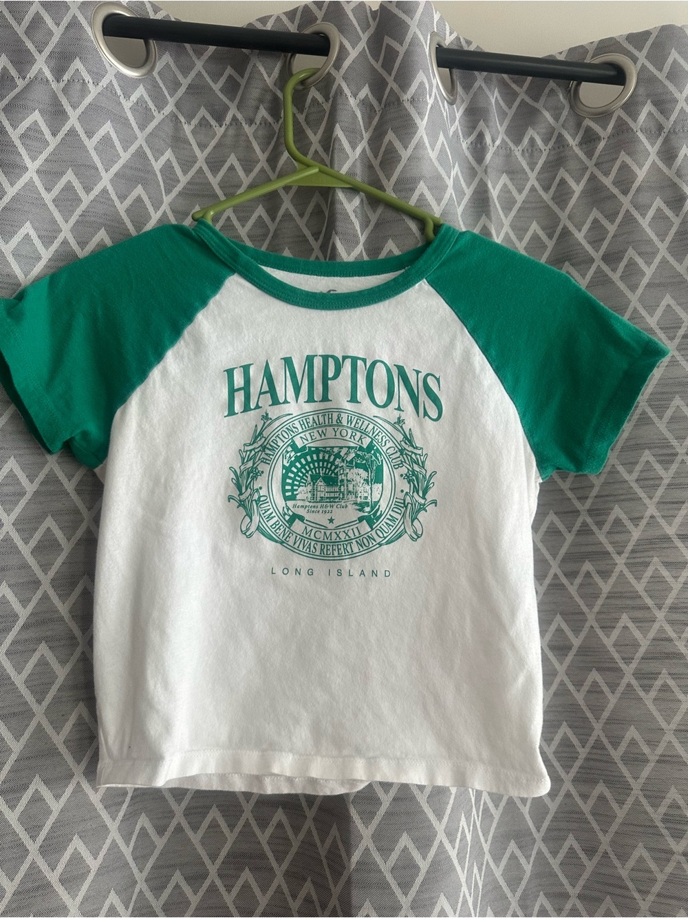 Hollister White Tee with Green Raglan Sleeves and Hamptons Graphic